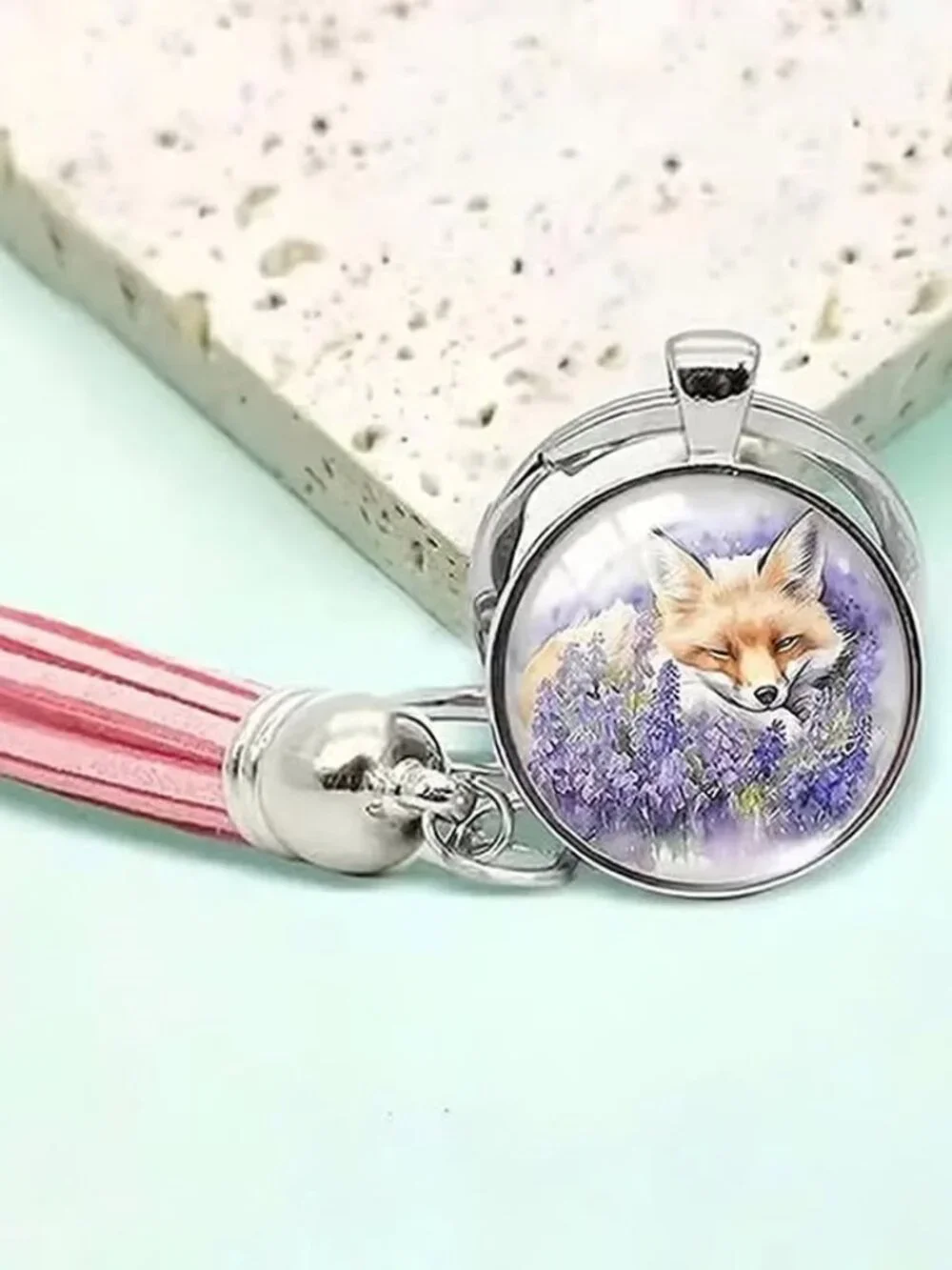 Stainless Steel FOX Keyring Keychain with Pink Tassell Accessory